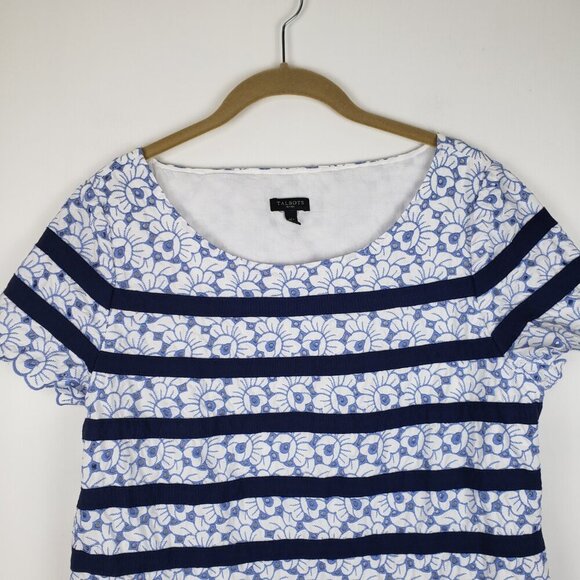 Talbots Applique Embroidered Eyelet Stripe Blue Floral Short Sleeve Top Size 14P - Picture 3 of 7